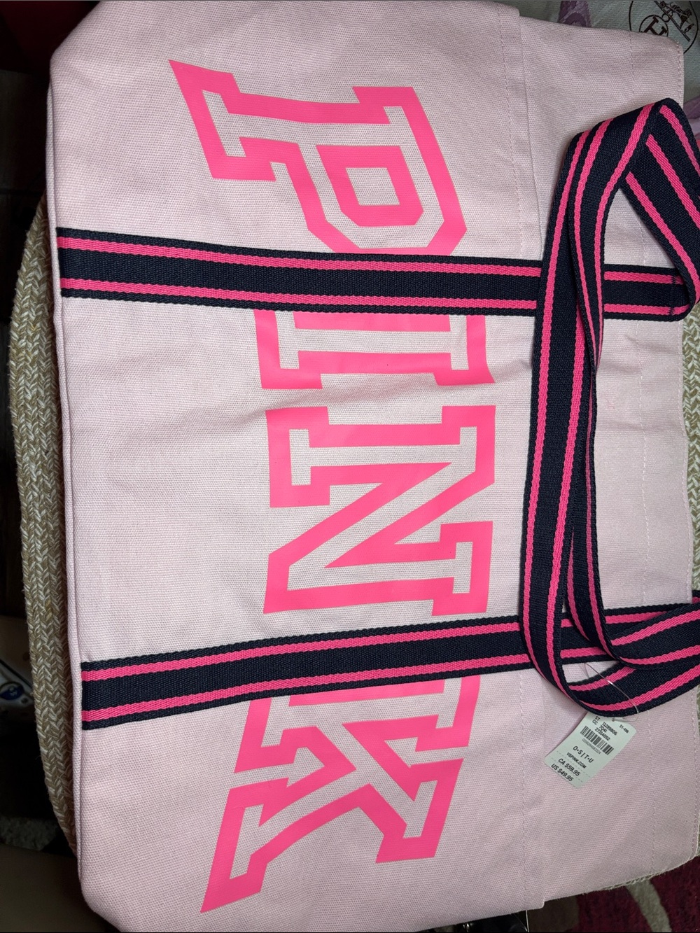 PINK Victoria's Secret Light Pink Canvas Tote with Hot Pink Logo and Navy Straps